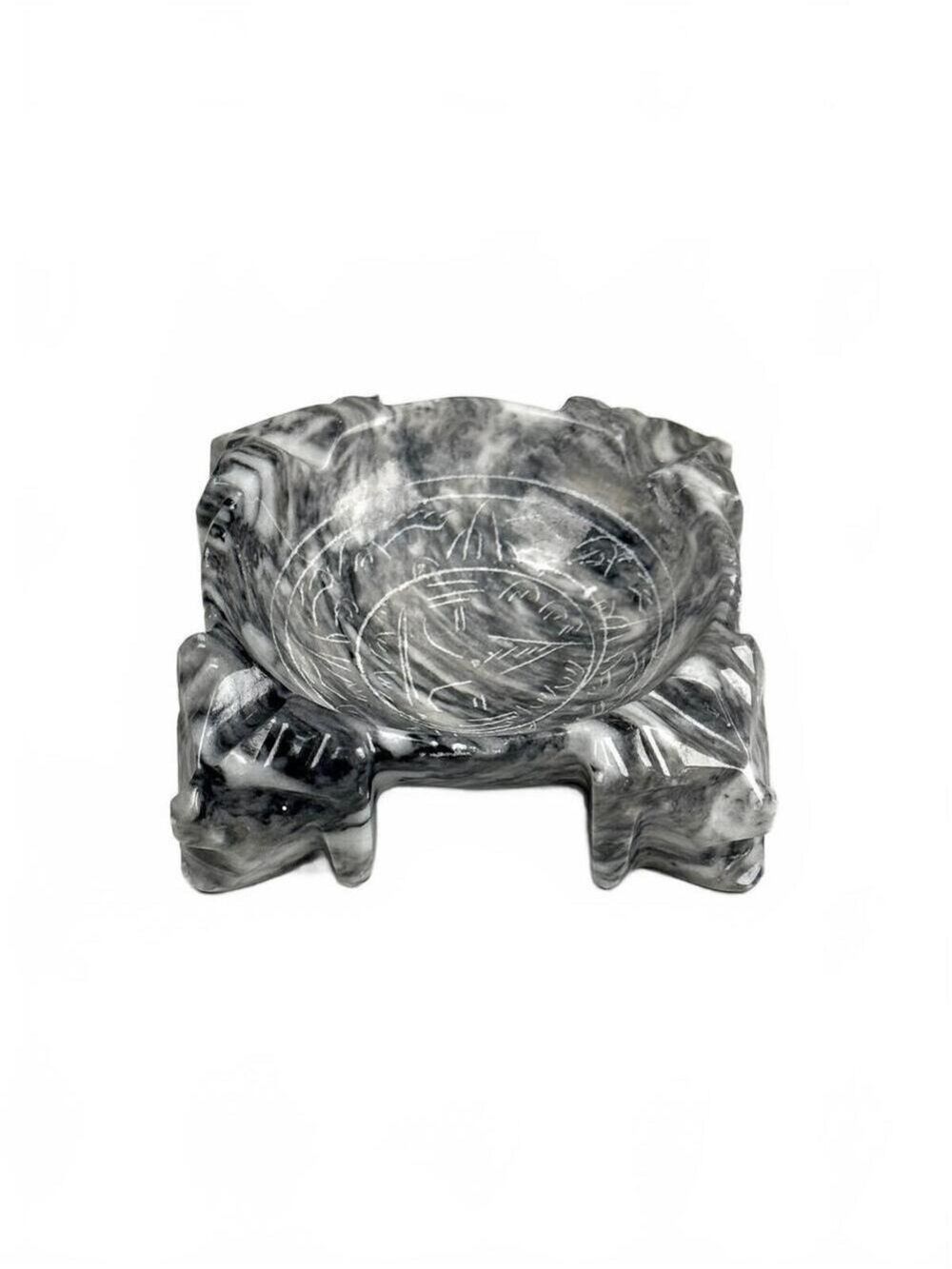 Vintage Gray Marble Ashtray Square Footed Carved Incised Aztec Art Catchall